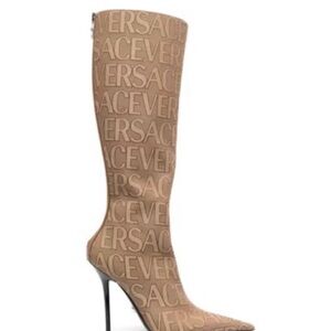 Versace Beige Logo Heeled Boots